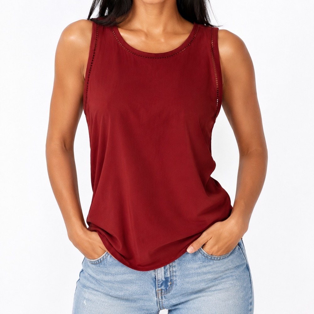 J.Crew Pullover Blouse Women's Size 4 Burgundy Ladder Lace Trim Sleeveless